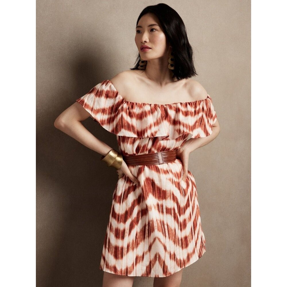 BANANA REPUBLIC Meridian Zebra Print Linen Off Shoulder Ruffle Dress, Size PXS - Picture 1 of 15